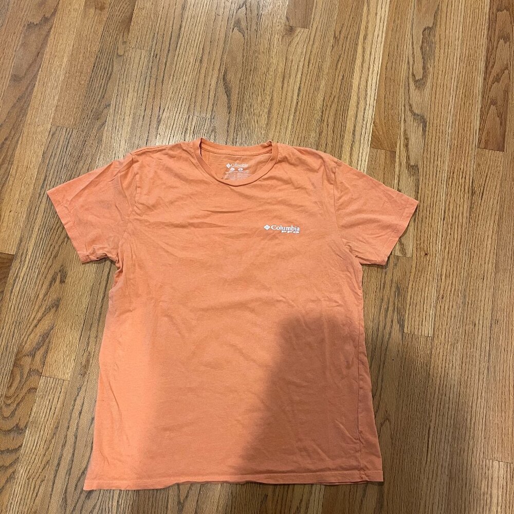 Columbia PFG T-Shirt Mens Large Double-Sided Fishing Logo Orange Graphic Tee